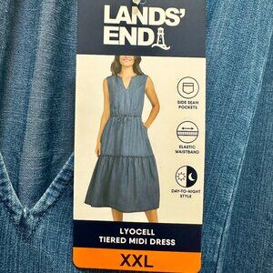 Lands' End Women's Lyocell Tiered Midi Dress Size XXL Blue Cottagecore Boho NEW